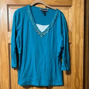 Karen Scott Teal V-Neck Embellished Women's Top